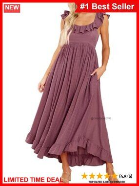 Womens Summer Sleeveless Square Neck Midi Dress Boho Beach Vacation